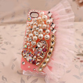 Heart lace Bling Crystal Case pearl Cover shell for iPhone 4G 4S - Pink