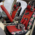Floral print Stripe Lace Universal Auto Car Seat Cover Set 21pcs ice silk - Black Red